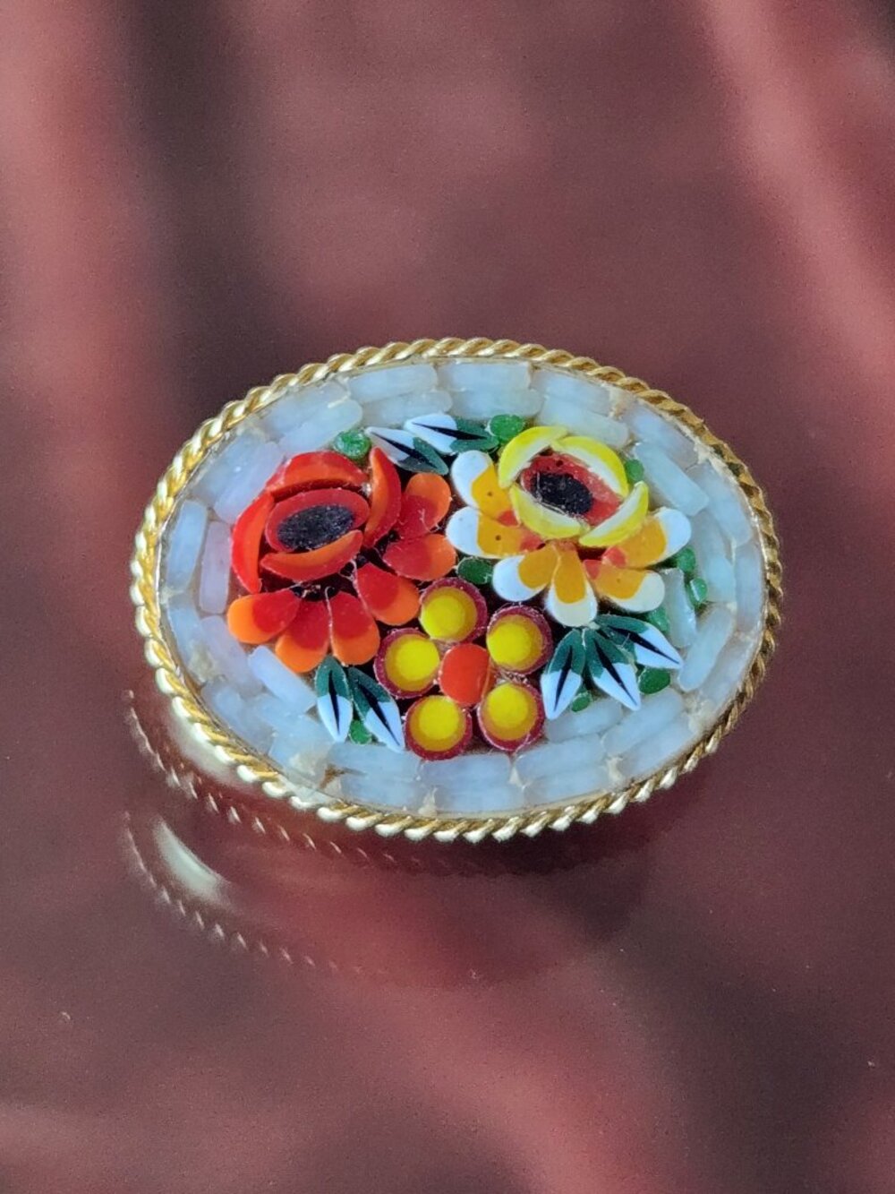 Vintage gold-tone micro mosaic brooch pin.